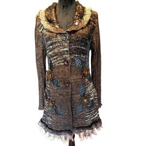 Sacred Threads Bohemian Knit Cardigan Floral Accents & Ruffle Hem SzM Artsy Glam